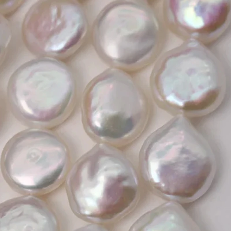 White Freshwater Baroque Pearl 12MM to 14MM Flat Coin Round Disc Button Drop Beads Drilled dazzling luster Special pearl