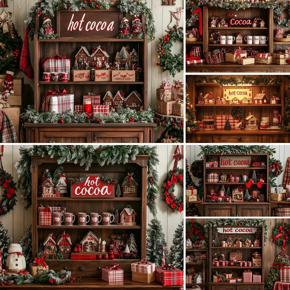 

Hot Cocoa Wooden Cabinet Background for Christmas Photography Winter Room Xmas Tree Window Backdrop Kids Indoor Birthday Photo