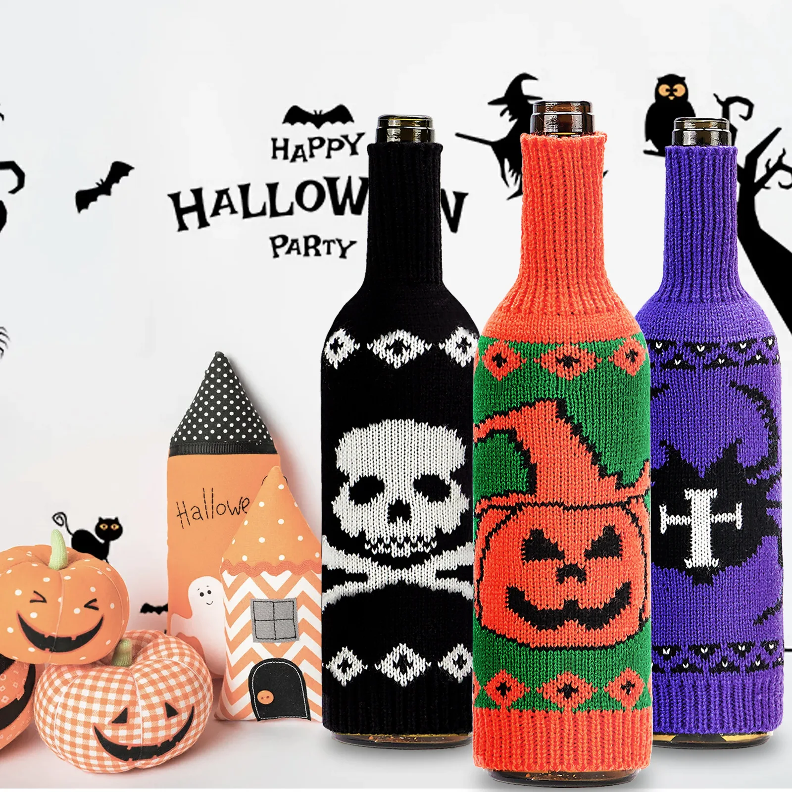 

3pcs/set, Halloween Pumpkin Skull Spider Knitted Wine Bottle Cover, For New Year Xmas Home Party Wine Bottle Dining Table Decor