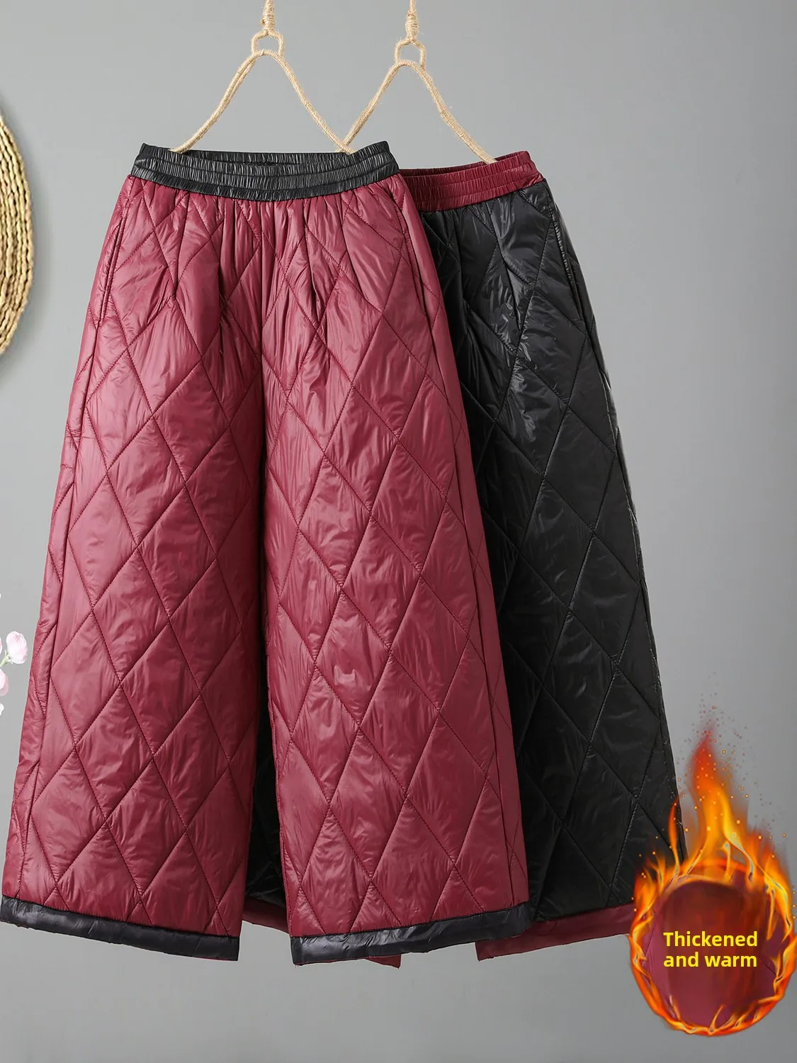 

Winter New Sle Color Blo Wide Leg Pants High Waist Cotton Insert Slimming Warm Loose Casual Trousers for plus Size Women