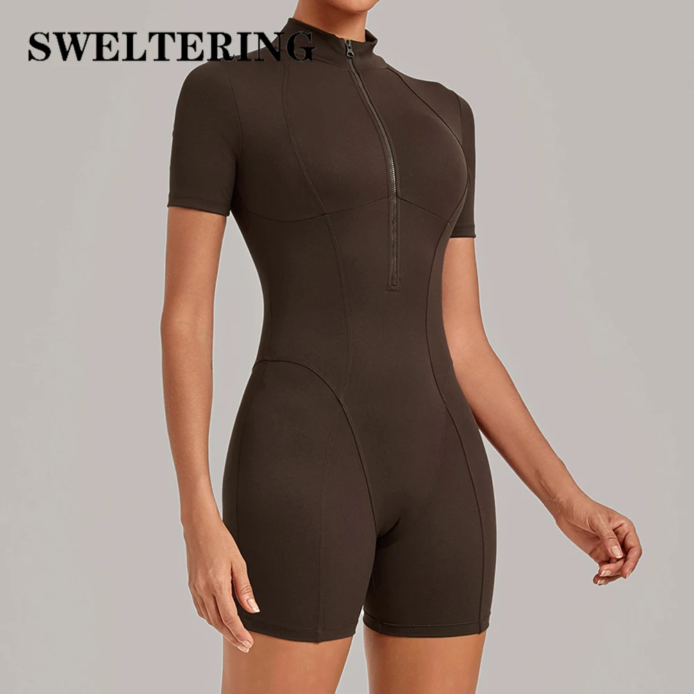 Zipper Short Sleeve Fitness Jumpsuit Women's Tracksuits Quick Dry Yoga Short Bodysuits Sportswear Female Workout Yoga Overalls