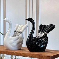 7Pcs/lot Swan Shape 304 Stainless Fruit Forks Set - Luxury Ceramic Holder for Safe Storage, Elegant Tableware for Parties & Home