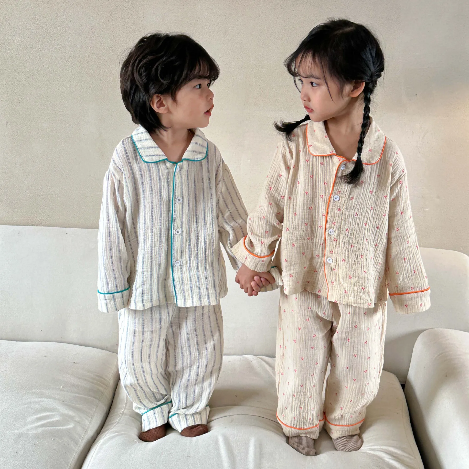 

Autumn Spring Children Pajamas Sets Long Sleeve Tops Pants 2PCS Striped Cherry Printed Toddlers Kids Sleepwear Outfits
