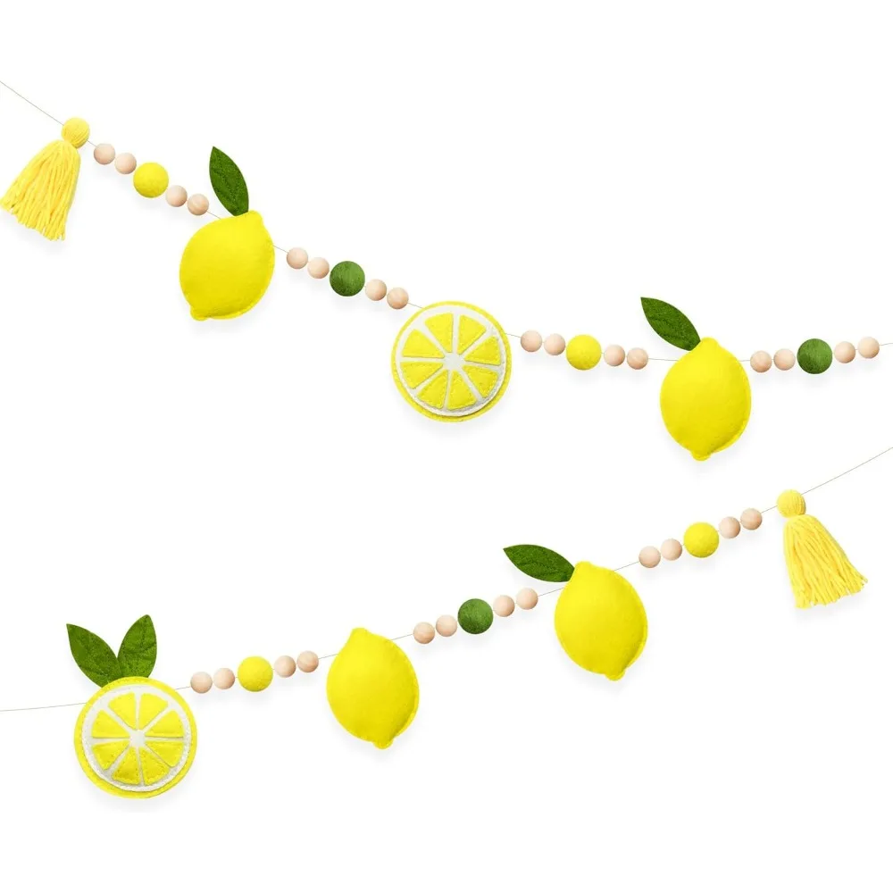 Decoraciones de limón, fieltro hecho a mano preestablecido, bola de fieltro de lana verde salvia amarilla, cuentas de madera, guirnalda con borlas, pancarta para temática de limón