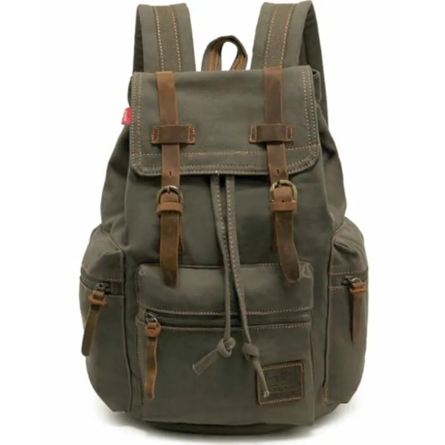 

Vintage Canvas Travel Backpack with Leather Trim, Laptop Padded Sleeve, Hidden Back Security Pocket, Fits 14-Inch, M32