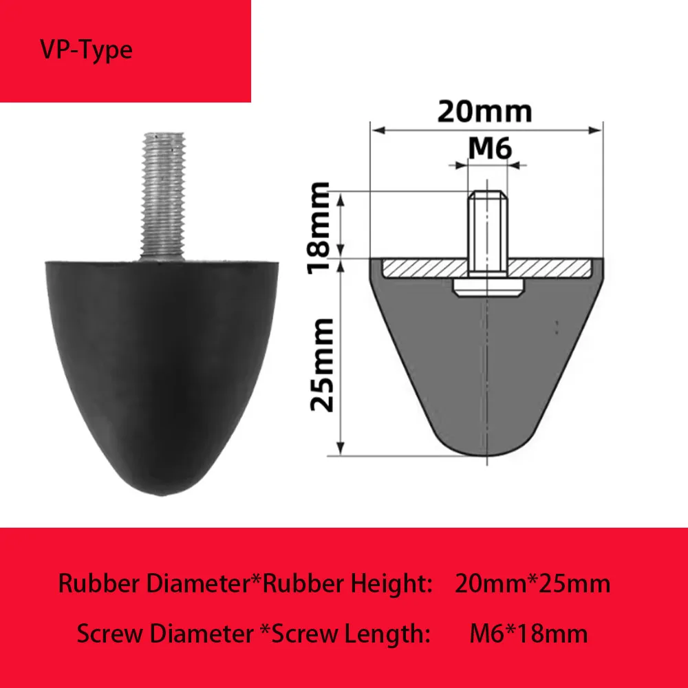 1Pcs Single Dia 20x25mm M 6x18mm~95x80mm M16x45mm Thread M6 -M16 VP -Type Conical Rubber Shock Absorber