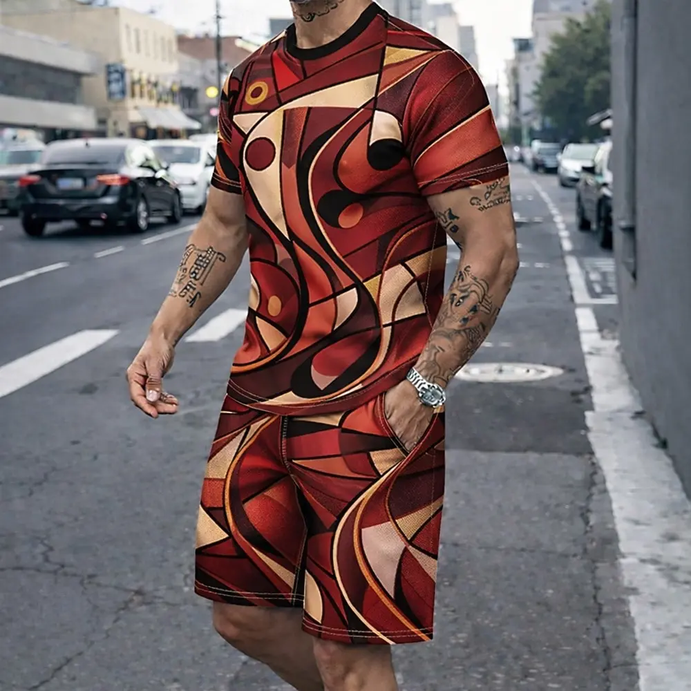 Men's 2pcs Tees Sets Summer Tops Short Sleeve Short Pants Crew Neck Sport Casual Trendy Outdoor Vacation Going Out 3D Print