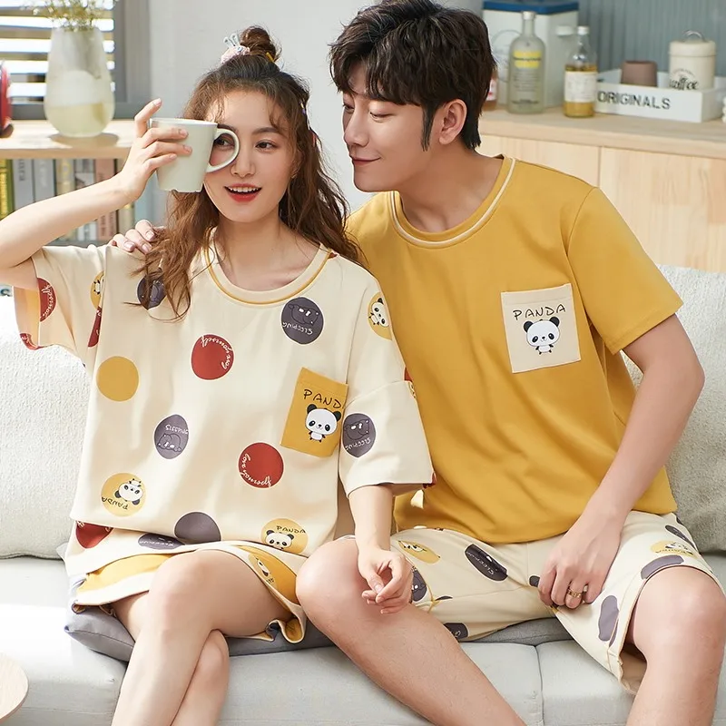 Couple Pajamas Set Summer Knited Cotton Men And Women Short-sleeved Sleepwear Casual Pyjamas