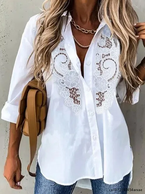 Fashion England Style Solid Lace Shirts Women Office Lady Long Sleeved Chiffon Blouses Hollow Out Elegant Pullovers Tops