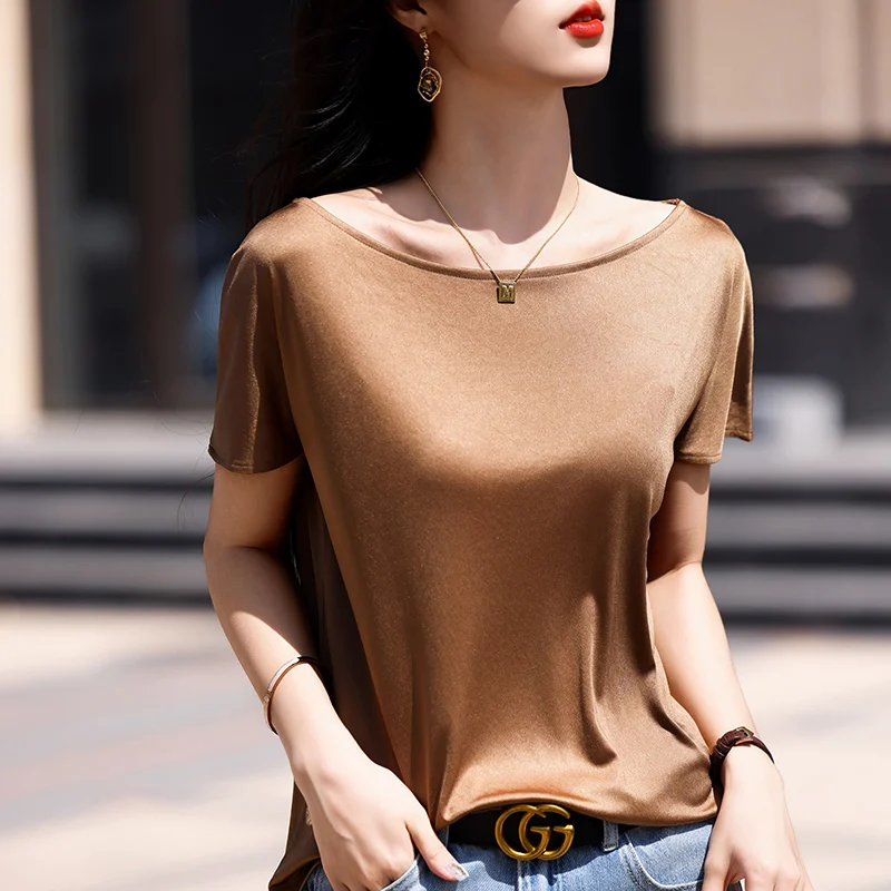 

Летняя женская футболка из ацетата, повседневная однотонная свободная футболка с коротким рукавом и круглым вырезом, топ-жилет из сатина
