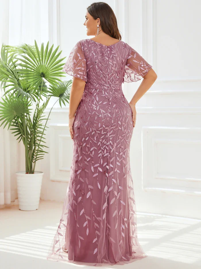 Gorgeous Plus Size Deep V Neck Leaf-Sequined Fishtail Sexy and elegant V Neck Maxi Bodycon Evening Dress with Flare Sleeves