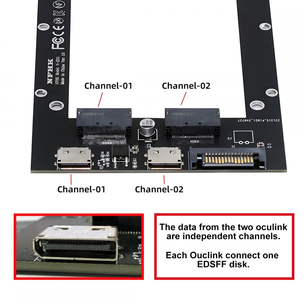 Oculink SFF-8612 4i Host to Dual EDSFF 9.5mm 15mm 25mm Short SSD E1.S PCI-E with Heat Sink PM9A3 PM9D3 P5801X Carrier Adapter
