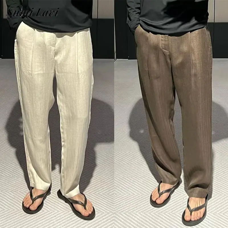 

Стильные мужские однотонные льняные брюки, осенние повседневные драпированные свободные прямые льняные брюки, мужские уличные винтажные льняные брюки
