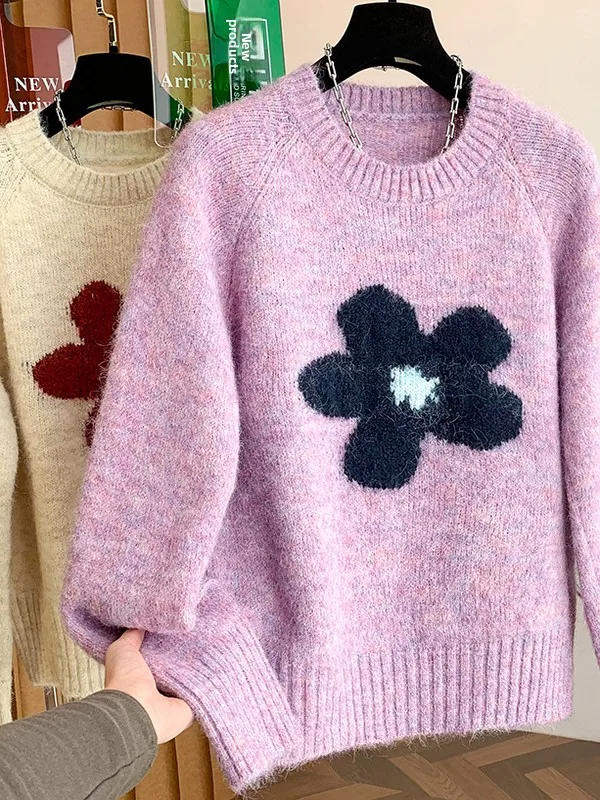 秋冬の女性用ニットセーター、花柄刺繍入り、オーバーヘッドカジュアル、長袖、ウール素材のトップス、若い女性向け