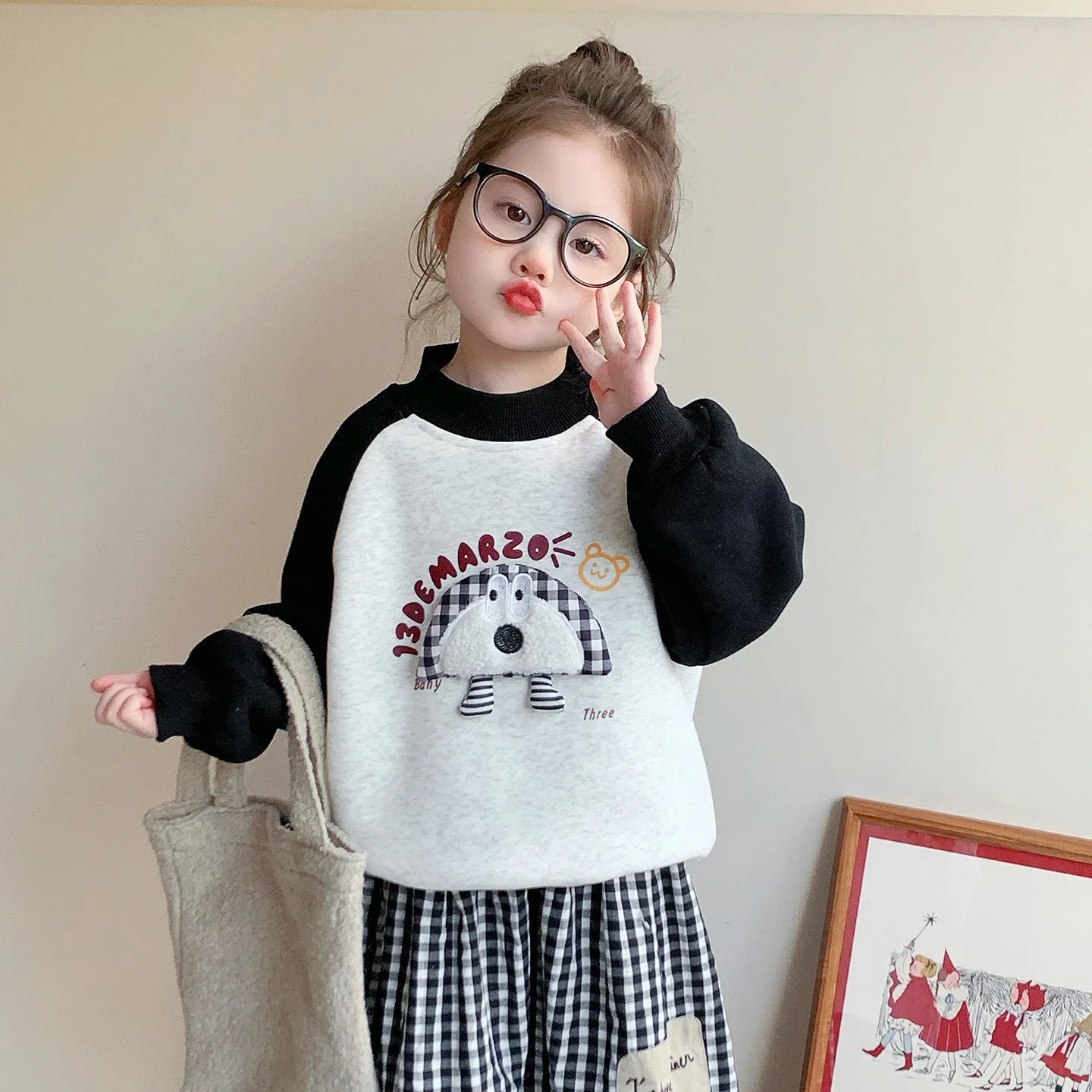 

3-8Y Baby Girl Sweatshirt 2025 Winter Patchwork Thick Warm Cartoon Print Toddler Kid Girl Pullovers Casual Children Girl Hoodies