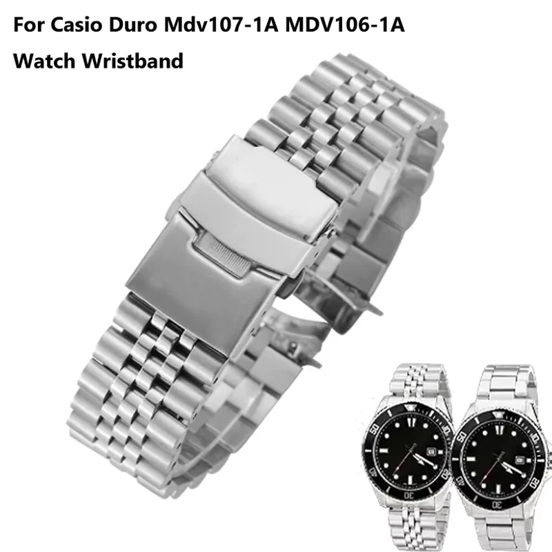 3 Styles 22mm Diving Steel Metal Strap For Casio Duro Mdv107-1A MDV106-1A Watch Wristband Bracelet Watchband Parts