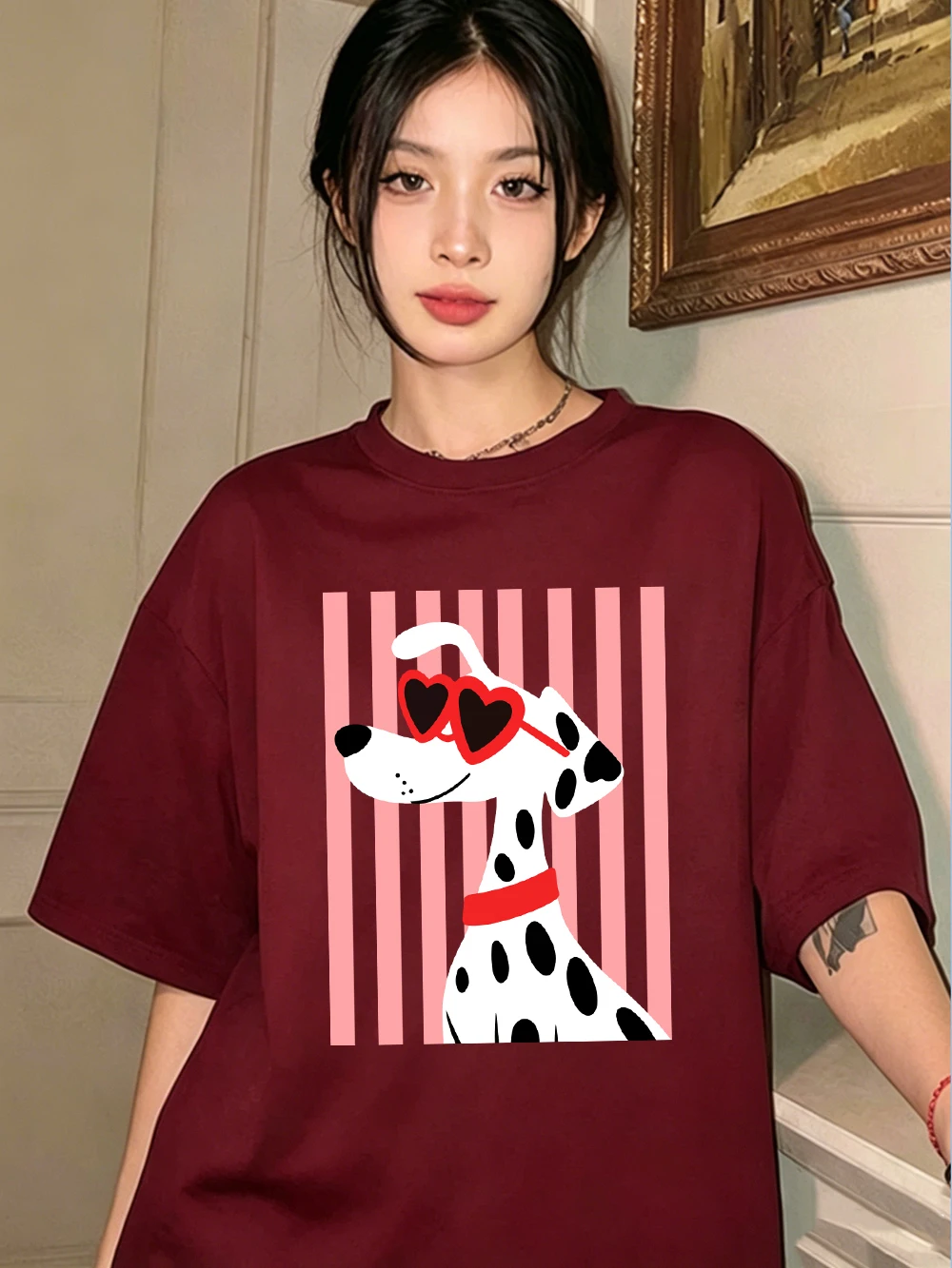 Herzförmige Sonnenbrillen Dalmatiner-Hundemotiv T-Shirts Damen Baumwolle Sommer Übergroße Oberteile O-Ausschnitt Kurzarm-T-Shirts Weiche Streetwear – Detail 24