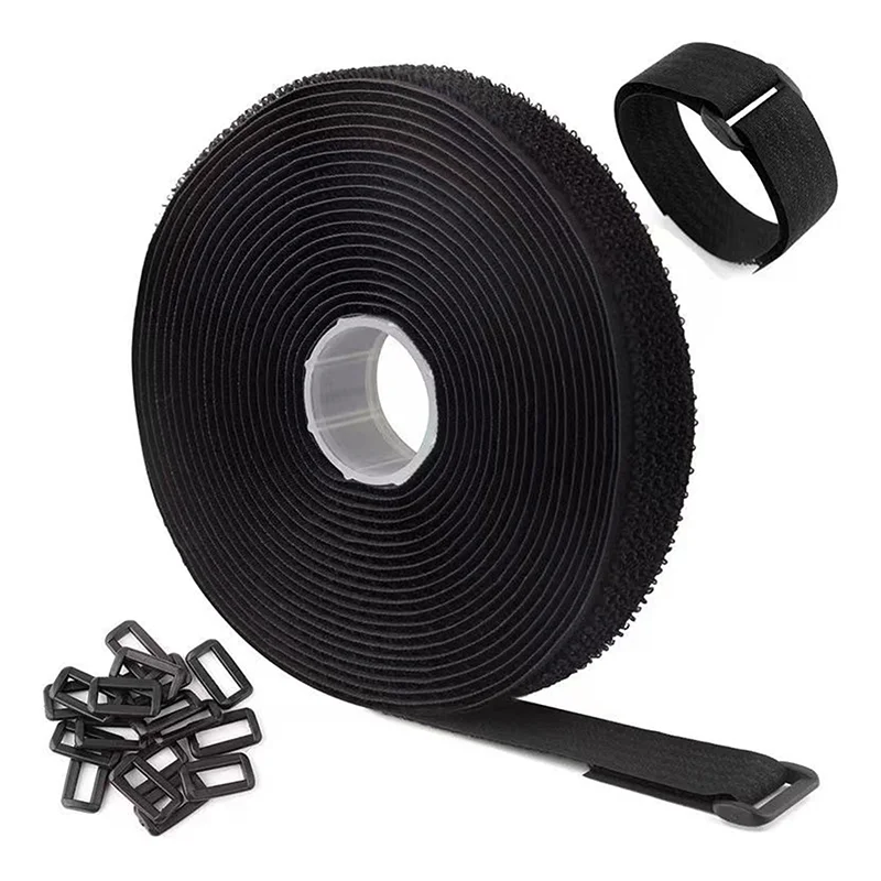 

5M Reusable Nylon Hook Loop Fastening Cable Tape Cut-to-Length Self-Adhesive Securing Strap With Buckle For Organizer Or Storage