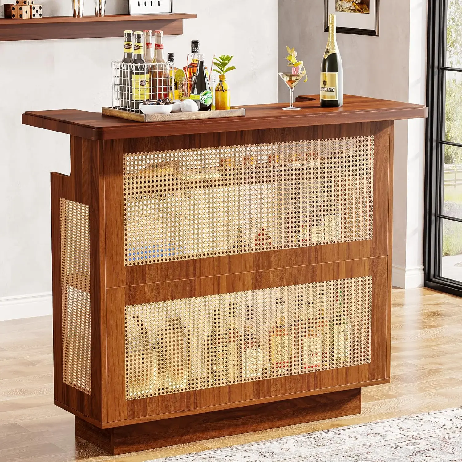 Rattan Home Bar Unit, Farmhouse 4-Tier Bar Table with 4 Stemware Racks and Heightened Base, Liquor Wine Bar Cabinet Mini Bar Tab