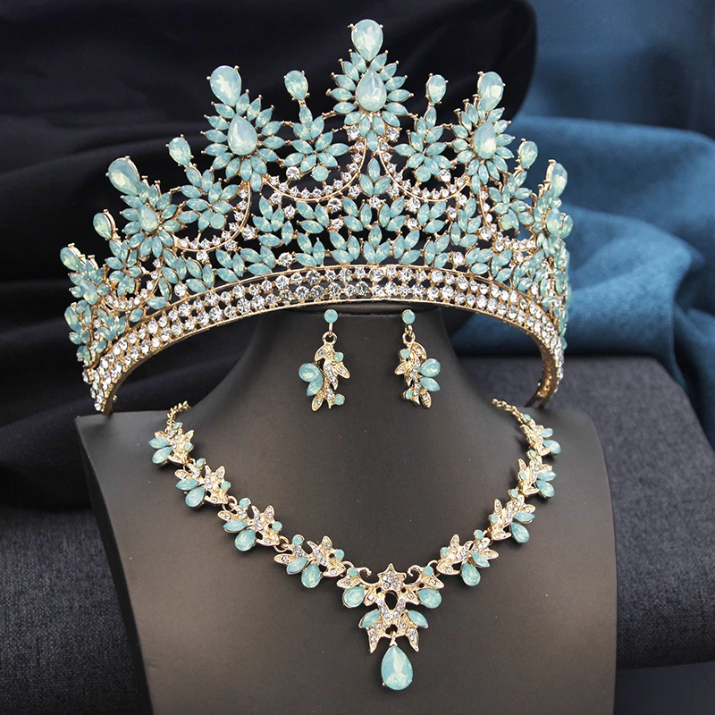 High Opal Pink Tiaras and necklace earrings Bridal Jewelry Sets for Women Brides Wedding Crown Prom Birthday Costume Accessories
