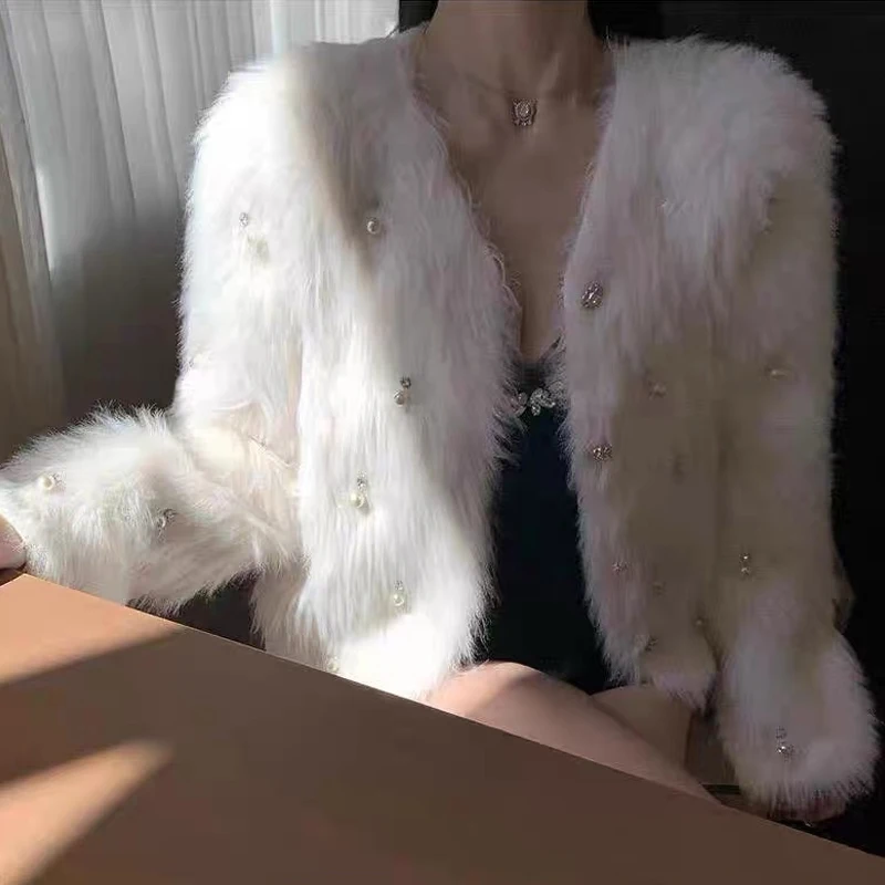 Elegant Korean Fashion Cardigan Imitation Mink Velvet Sweater Women Autumn Winter Bead Short Coats New O Neck Sweet Loose Jacket
