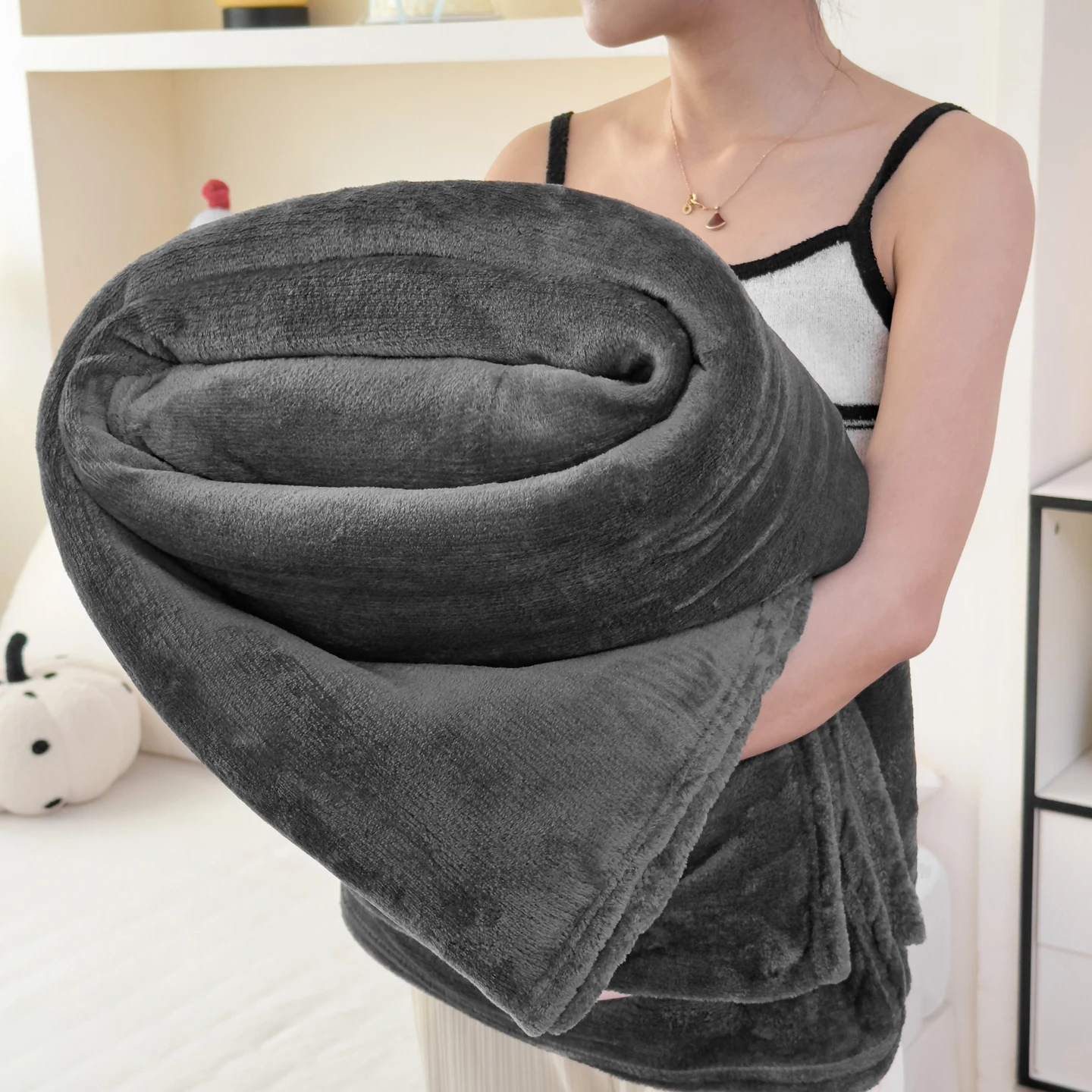 Solid Polyester Flannel Fleece Blanket Soft Warm Throw Multi Size For Sofa Bed Office Travel Dark Grey