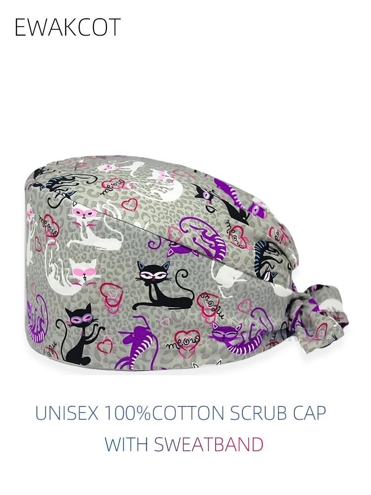 غطاء رأس جراحي قطني ناعم للنساء والرجال ، قبعات تمريض طبية مطبوعة للقطط ، قبعات فرك بعصابة عرق ، قبعة طبيب أسنان