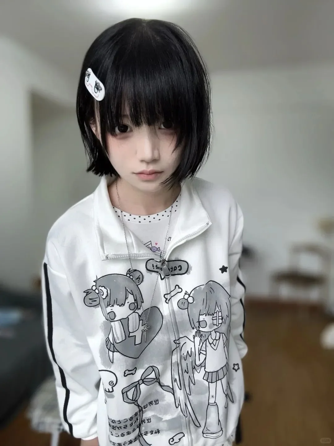 Kawaii أنيمي نمط زمم سترة المرأة الخريف الشتاء الوقوف طوق هوديي مع شريط كم فضفاض صالح الرسم طباعة معطف غير رسمي