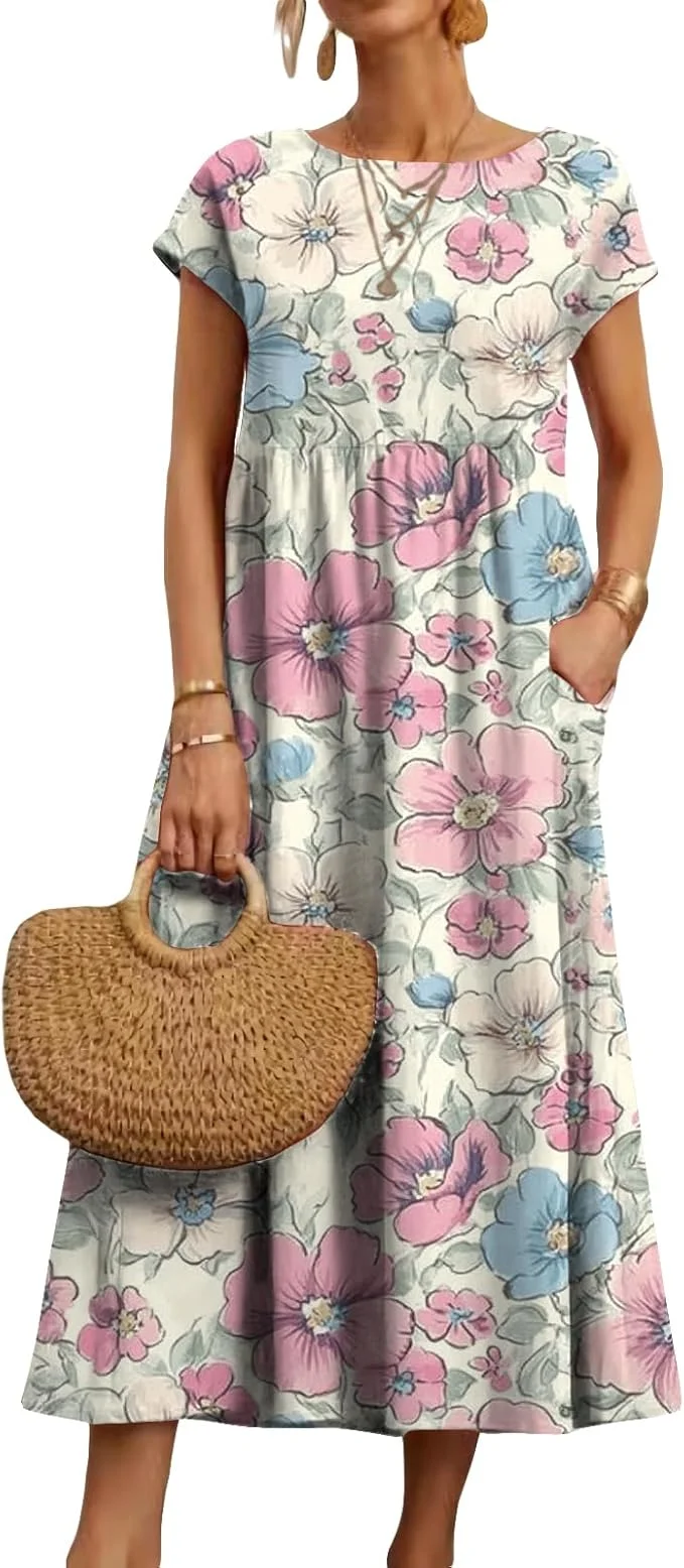 Robe mi-longue à fleurs style Boho pour femmes, vacances d'été, décontractée, fluide, plissée, manches courtes, t-shirt longue avec poches