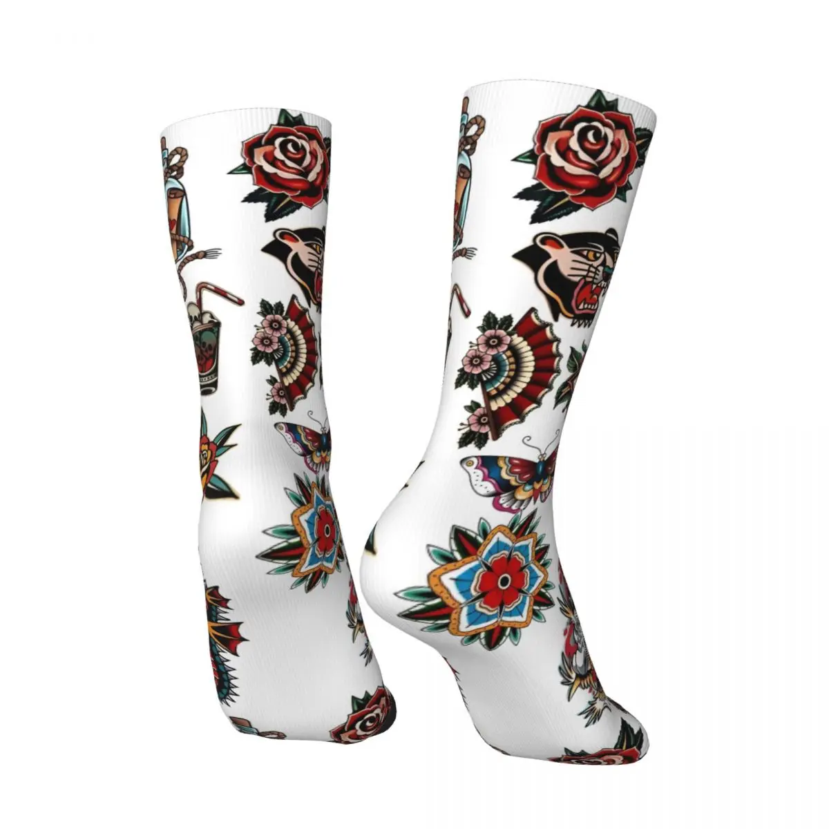 ヴィンテージタトゥーバタフライプリントソックス エレガントなストッキング 秋用滑り止めメンズソックス 暖かく柔らかなグラフィックスケートボードソックス