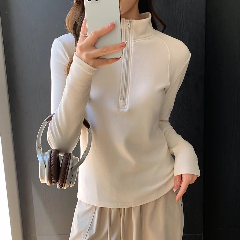 Brushed Half Zipper Pullover Women Autumn Winter Stand Up Collar Sweatshirt Korean Casual Loose Fit Sporty Pullover Tops
