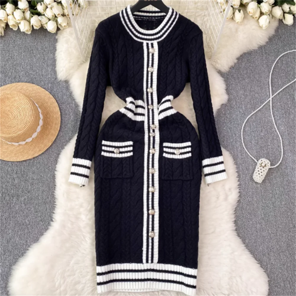 

Knitted dress autumn dress color stripes narrow thin long-sleeved twist dress women