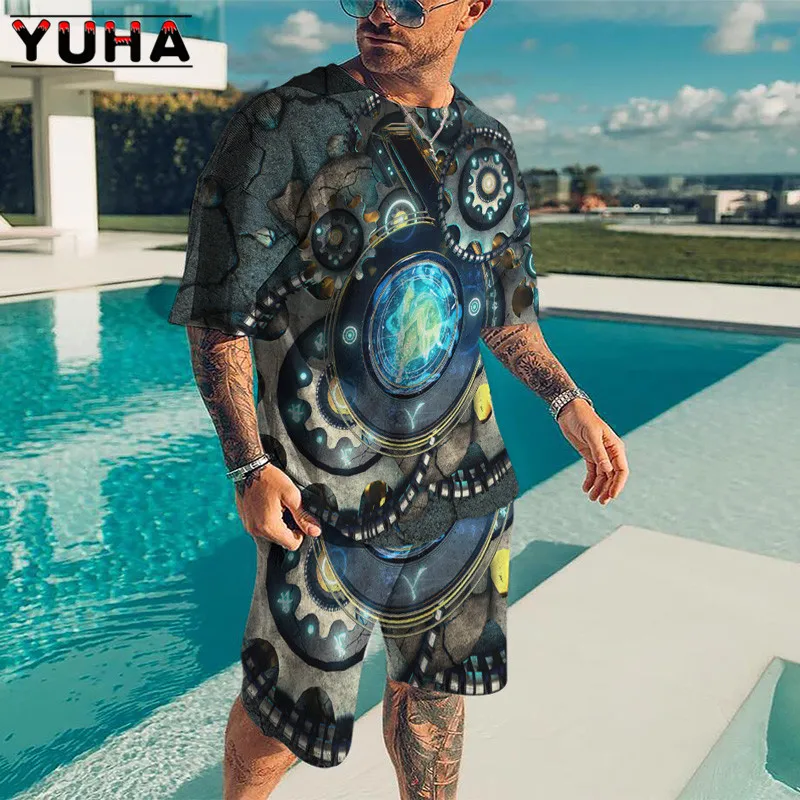 YUHA Funny Summer Men's/Women's Classic 3D Captain World Map Printing Suit Crew Neck Large Size T-shirt +Shorts 2-Piece Set For