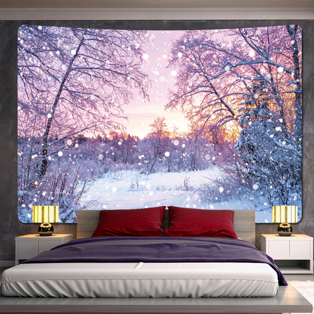 Escena de nieve navideña para colgar en la pared, tapiz artístico de árbol, hippie bohemio, decoración del hogar