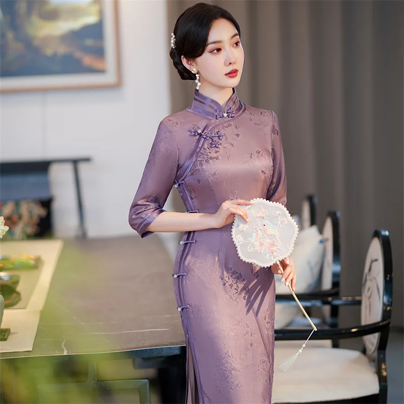 Improved High-End High Quality Real Silk Cheongsam Qipao Women's Retro the Republic of China Style 3/4 Sleeve Dress Long