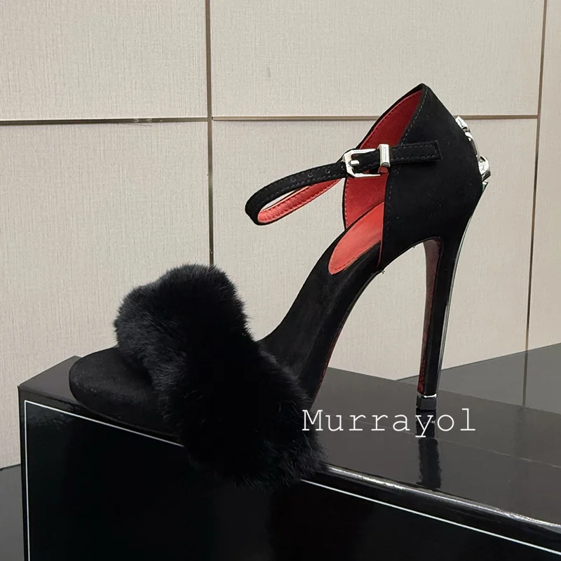 Fur Sandals Women Metal Decor Thin High Heels Shoes Open Toe Ankle Strap Sandalias Mujer Summer Sexy Party Dress Wedding Shoes view 2