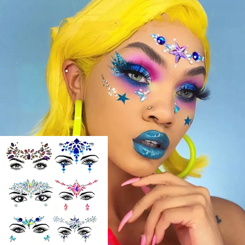 Fashion Masquerade Face Decoration 3D Resin Rhinestones Eyebrow Diamond Sticker Star Self Adhesive Music Festival Face Sticker