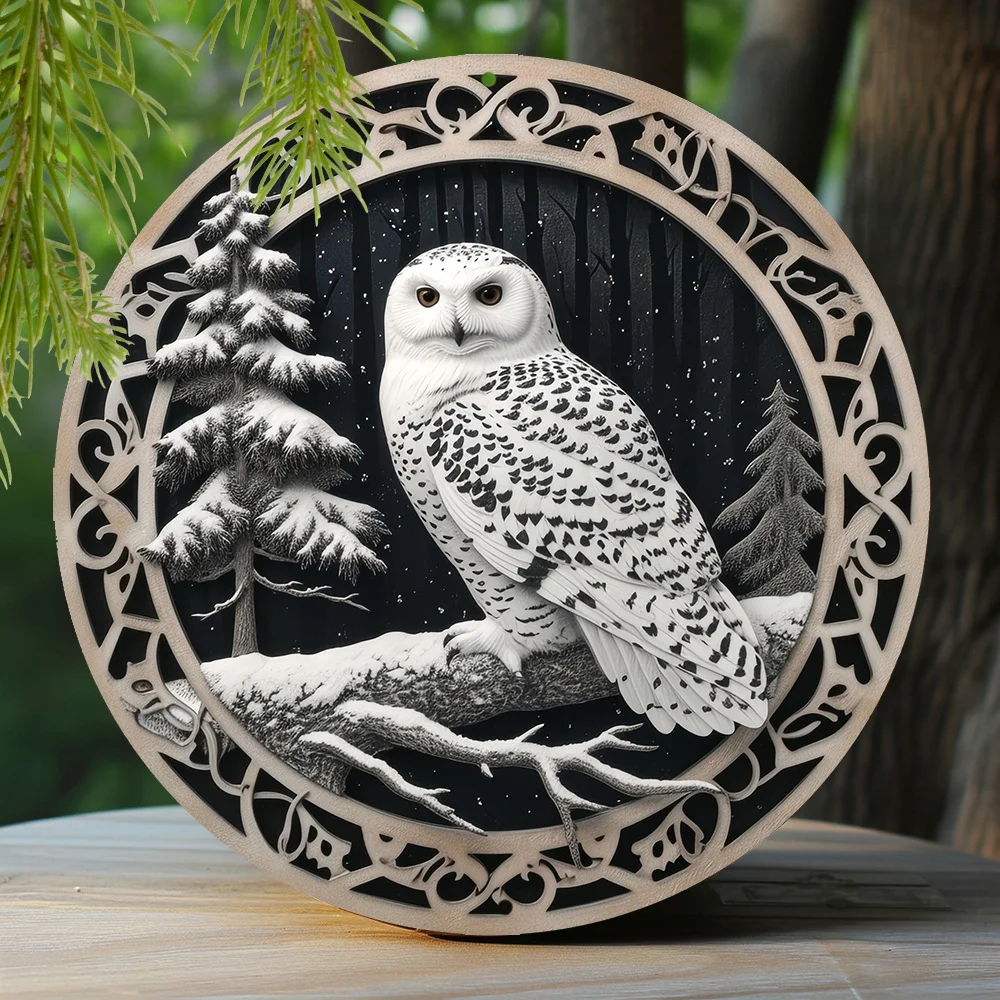 Aluminum Metal Sign Apartment Thanksgiving Day Faux Laser Cut Iron Window Round Sign Decoration Gifts Snowy Owl Theme Decoration