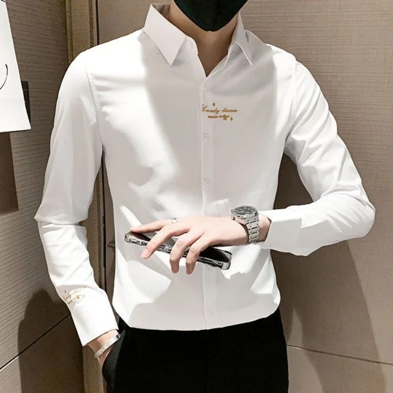 Shirts For Men Long Sleeve Embroidery White Man Shirt Social Cheap Things With Vintage Sleeves Slim Fit Sale Fashion 2024