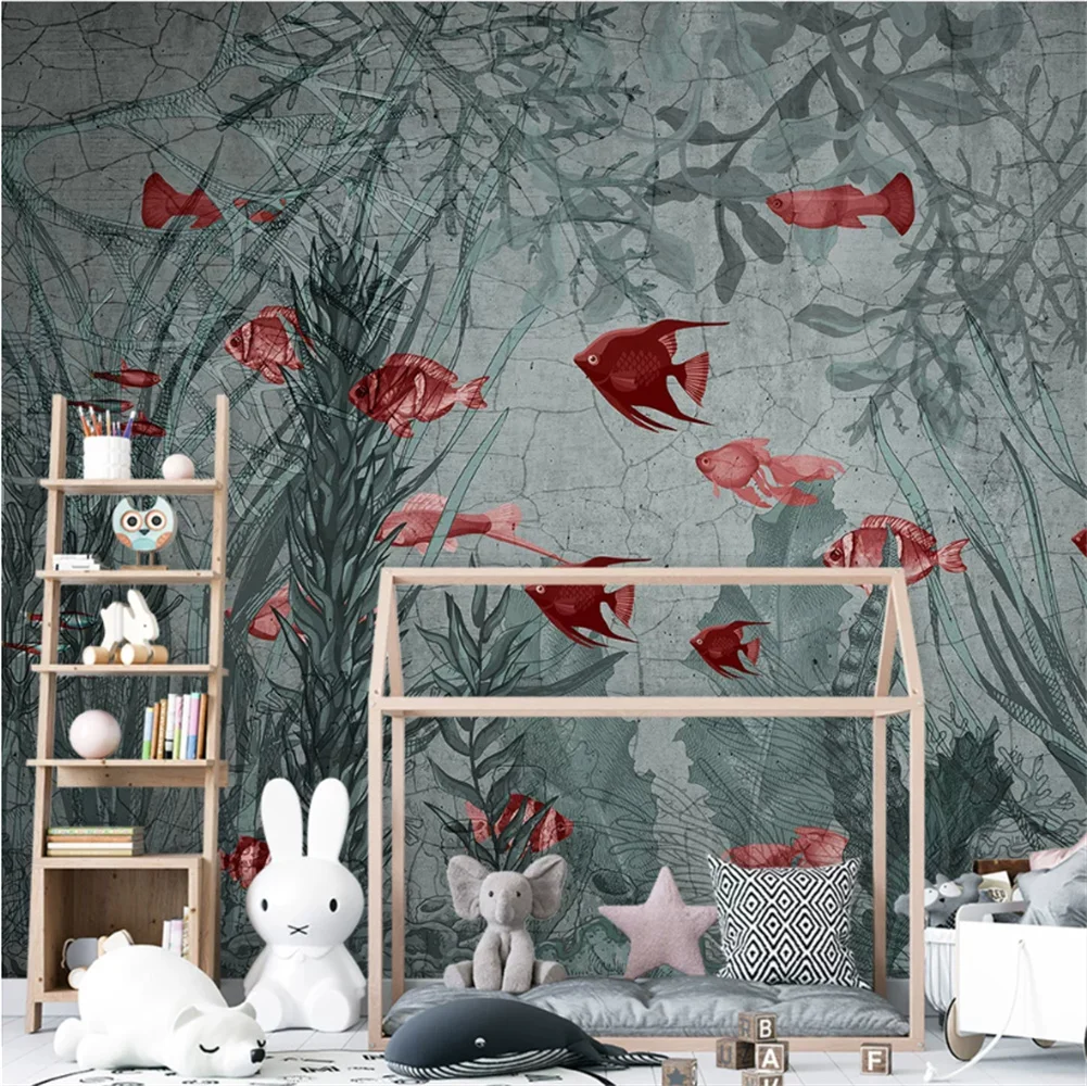 

European style primitive ocean children's room hand-painted fish underwater world wall cloth customized mural