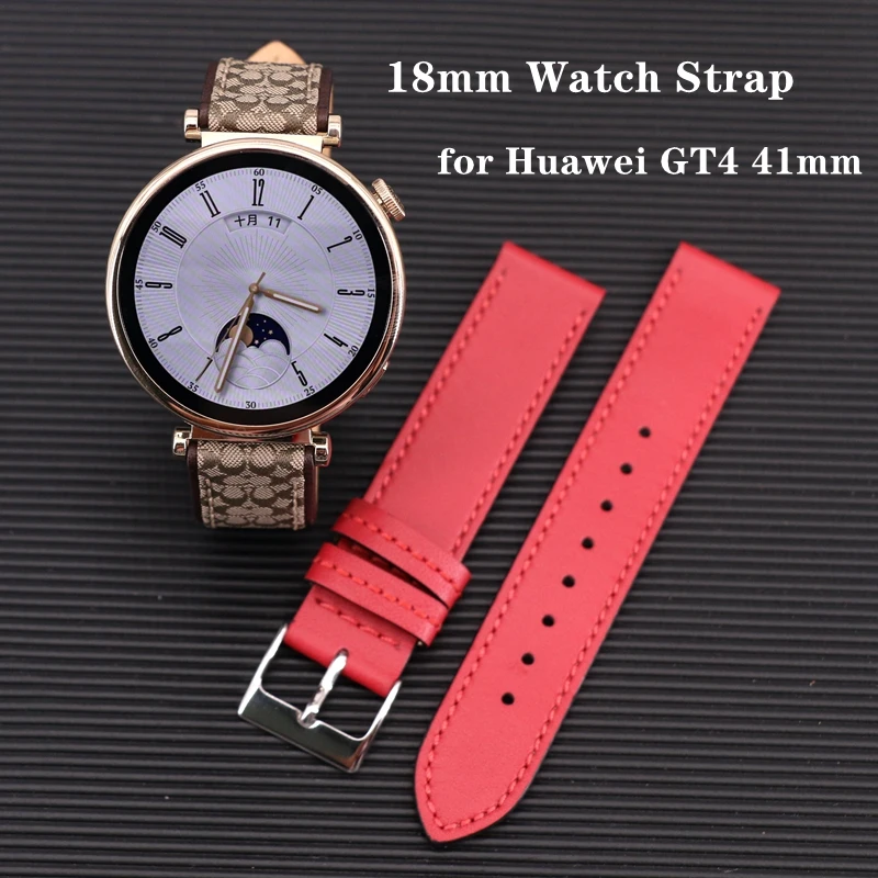 18mm Genuine Leather Watch Strap Signature Canvas for Huawei GT4 41mm Leather Watch Band