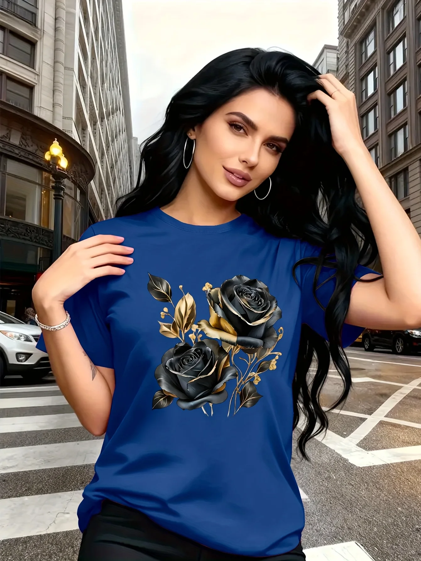 Women Black Crewneck Tee Luxury Black Rose Golden Leaf Print Casual Short Sleeve Elegant Streetwear Daily Top