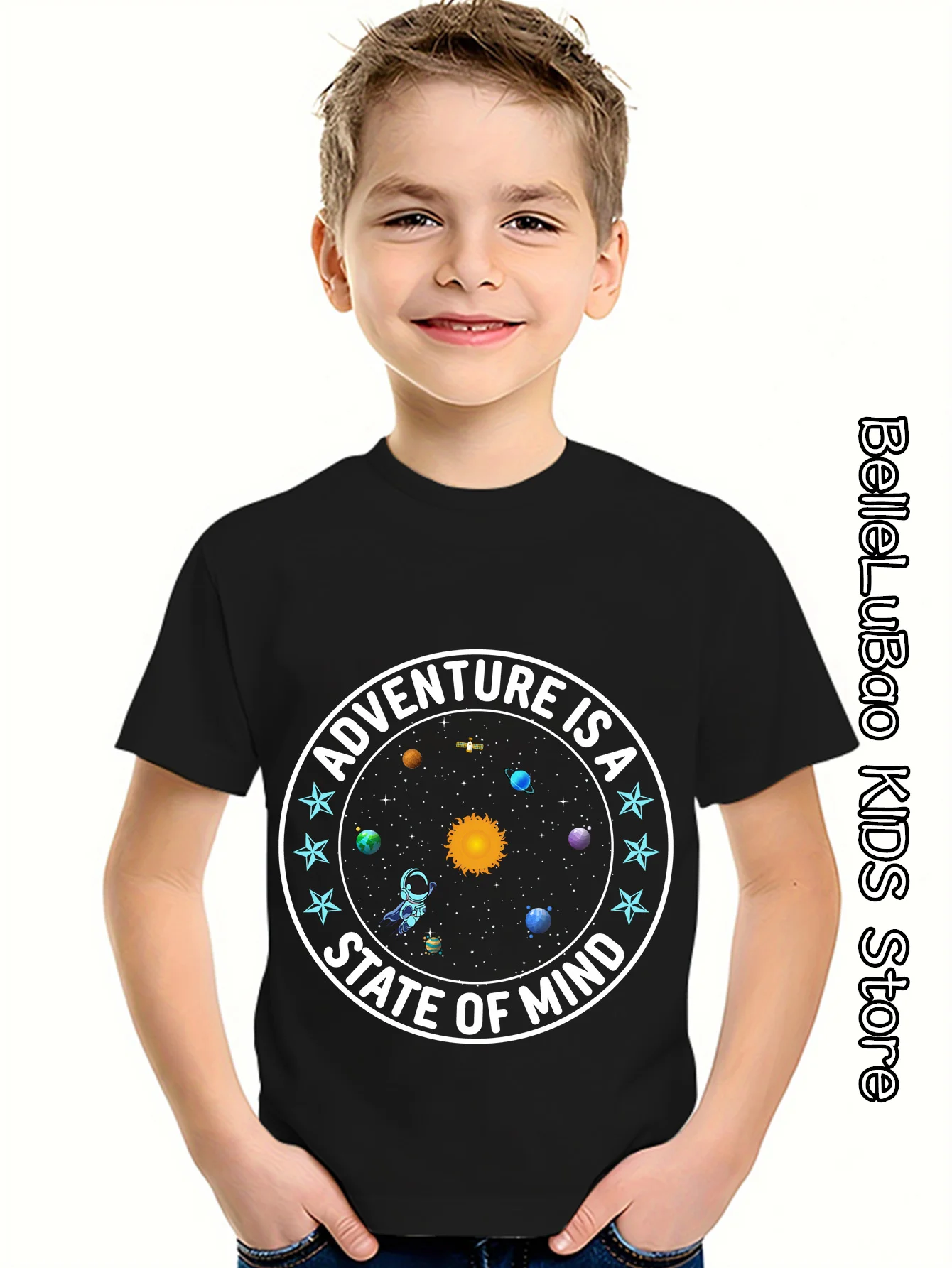 Summer Kids Solar System Print Tshirt Children Fashion Cartoon Astronaut Clothing Cotton Tops Tees Girls Boys Casual Streetwear