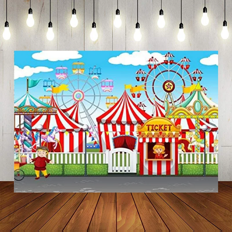 Fairground Photo Backdrop Cartoon Circus Carnival Playground Carousel Ferris Wheel Ticket Amusement Park Background Baby Props