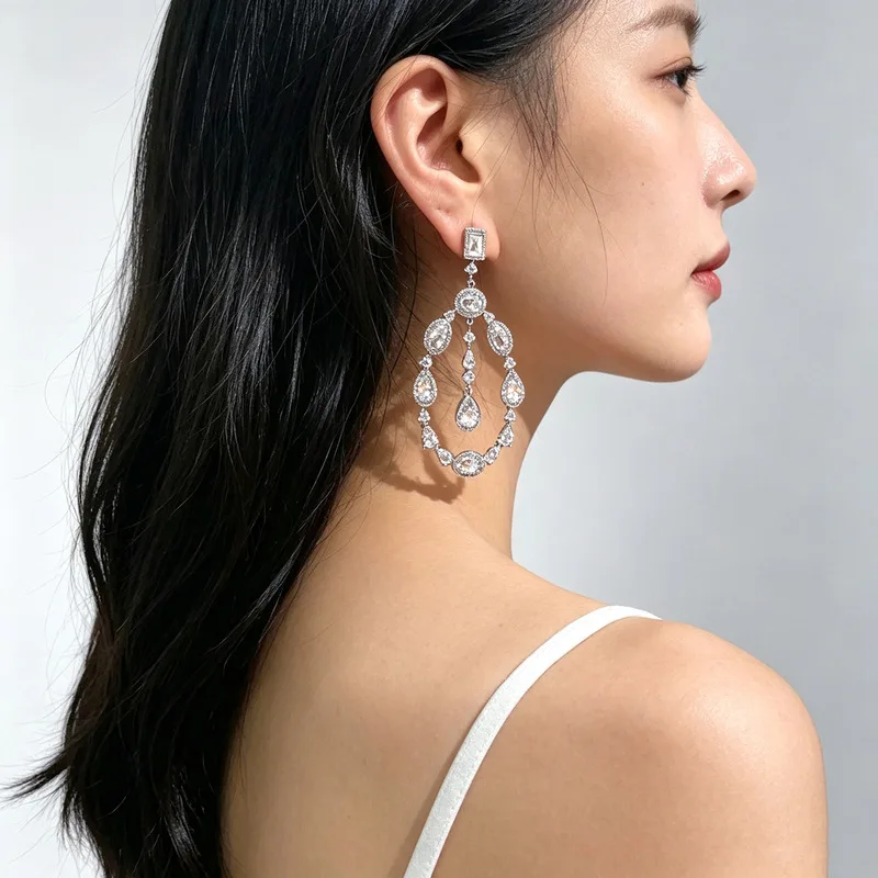 Women Stunning Large Circle Frame Statement Earrings Inlaid Multi Cut Brilliant Cubic Zirconia Trendy Daily Jewelry