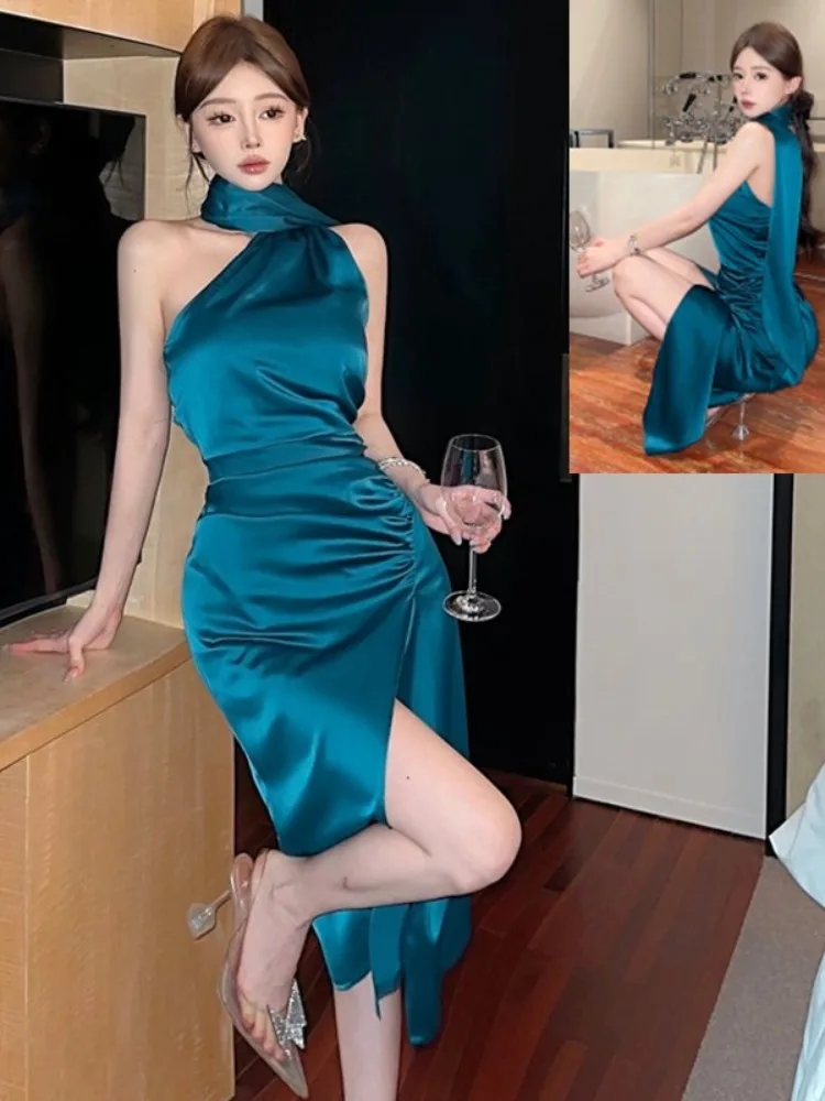 

Elegant High-Waisted Silk Satin Backless Hanging Neck Dress Women's Sexy Summer Short Skirt Bodycon Gown Chic Style Dress