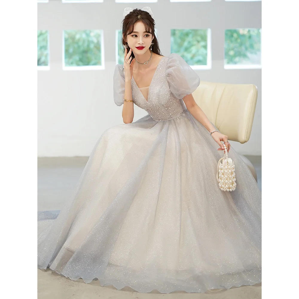 

Elegant Princess Formal Evening Dress Gorgeous V Neck Puff Sleeve Lace Up Floor-length Vestido Temperament Birthday Prom Gown