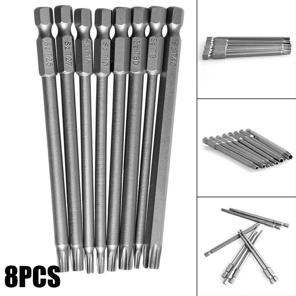 8PCS Torx Screwdriver Drill Bit Set 100MM Extra Long Hex Security Magnetic Head T8,, T15, T20, T25, T27, T30, T40