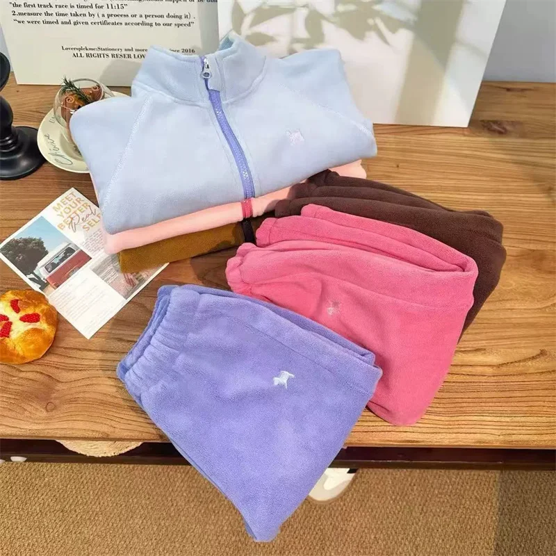 Kinder Winter Fleece Weiche Anzüge Kinder Plüsch Dick Lässig Warm Oberteil+Hose 2-teiliges Outfit Jungen Outdoor Sportanzüge Mädchen Thermo-Set