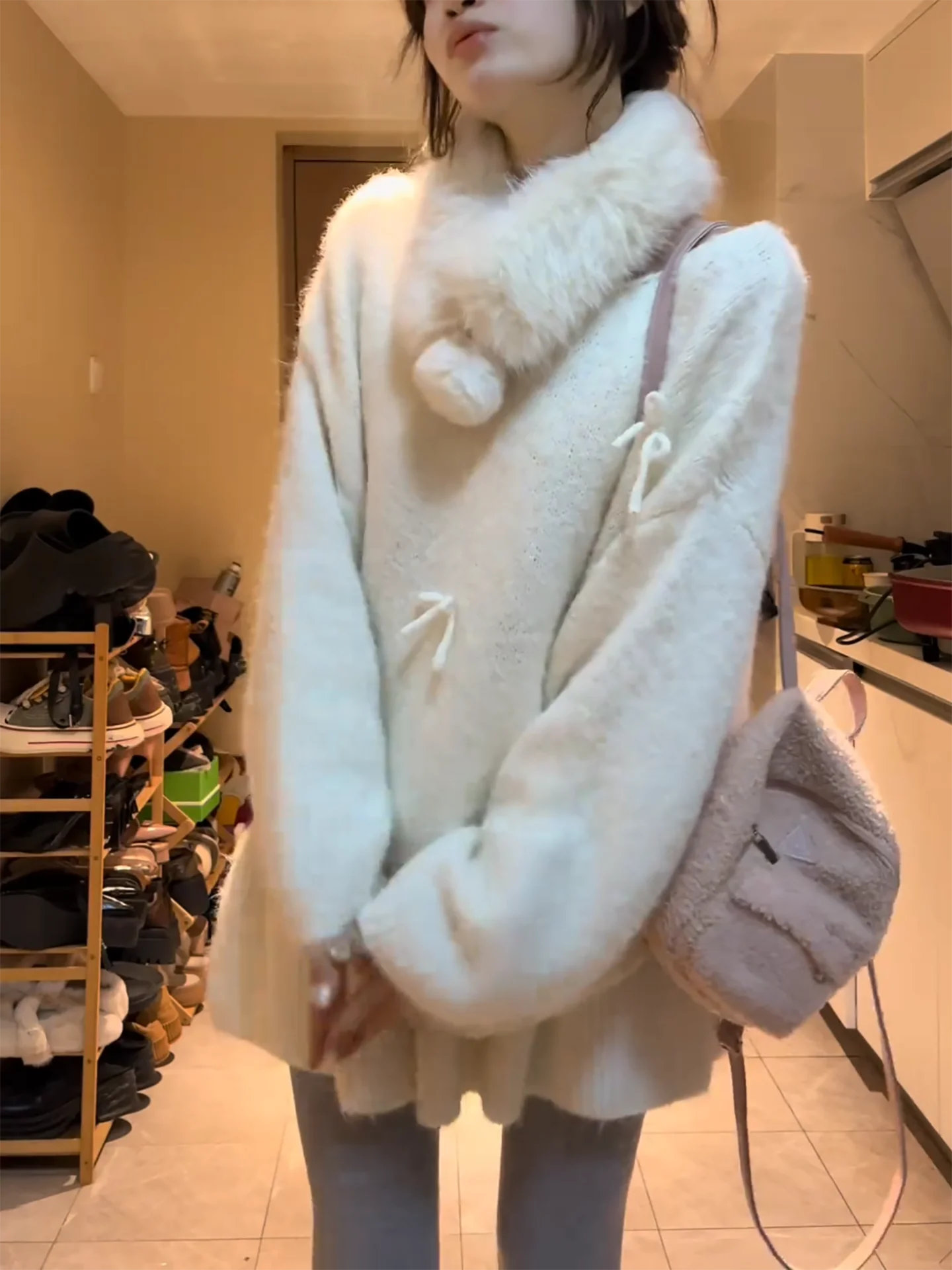 겨울 신상 여성 투피스 세트, 니트 스커트와 리본 퍼 칼라 탑, 캐주얼하고 따뜻한 의류...